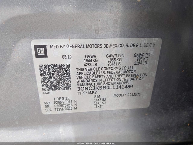 44719951 :رقم المزاد ، 3GNCJKSB0LL141489 vin ، 2020 Chevrolet Trax Fwd Ls مزاد بيع