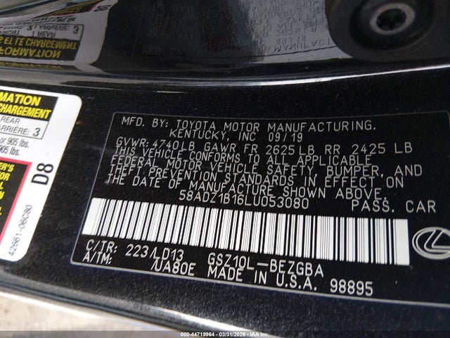 Aukcja sprzedaży 2020 Lexus Es 350, vin: 58ADZ1B16LU053080, numer aukcji: 44719964