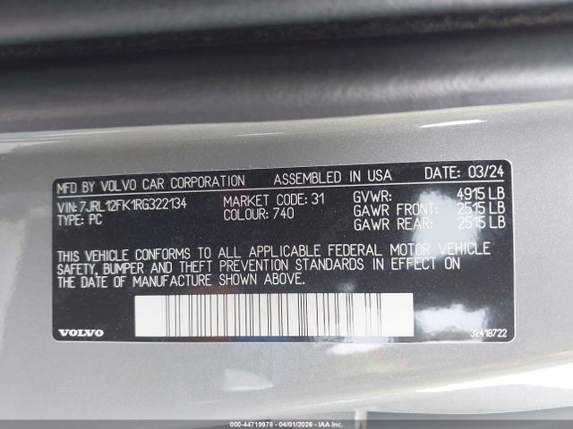 44719978 :رقم المزاد ، 7JRL12FK1RG322134 vin ، 2024 Volvo S60 B5 Core Dark Theme مزاد بيع