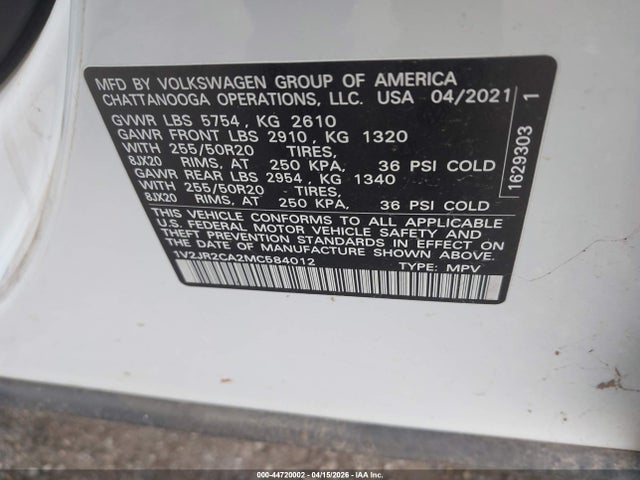 Продажа на аукционе авто 2021 Volkswagen Atlas 3.6l V6 Se W/technology, vin: 1V2JR2CA2MC584012, номер лота: 44720002