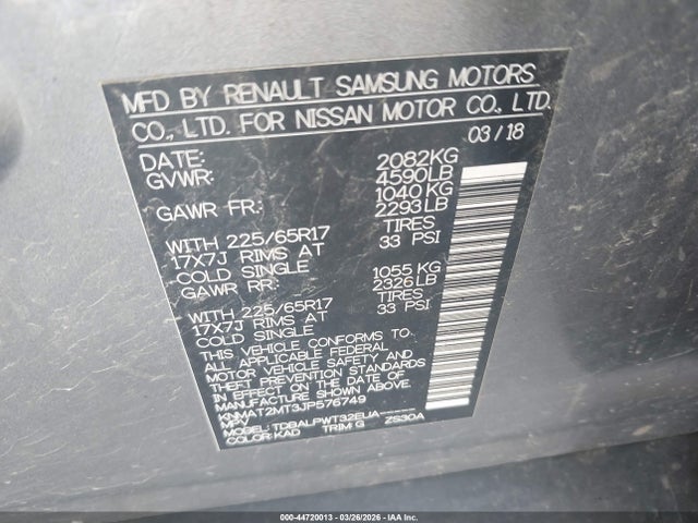 44720013 :رقم المزاد ، KNMAT2MT3JP576749 vin ، 2018 Nissan Rogue S مزاد بيع