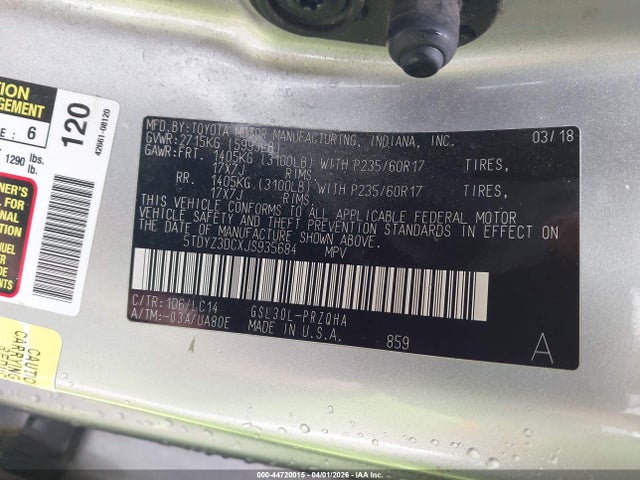 Продажа на аукционе авто 2018 Toyota Sienna Xle Premium 8 Passenger, vin: 5TDYZ3DCXJS935684, номер лота: 44720015