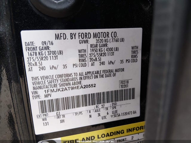 44720024 :رقم المزاد ، 1FMJK2AT9HEA20552 vin ، 2017 Ford Expedition El Limited مزاد بيع
