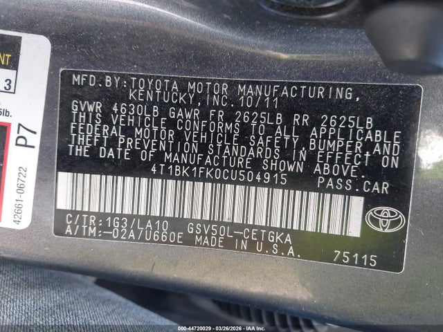 Продаж на аукціоні авто 2012 Toyota Camry Xle V6, vin: 4T1BK1FK0CU504915, номер лоту: 44720029