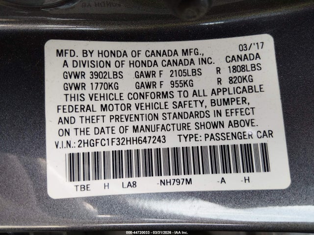 Продаж на аукціоні авто 2017 Honda Civic Ex-t, vin: 2HGFC1F32HH647243, номер лоту: 44720033