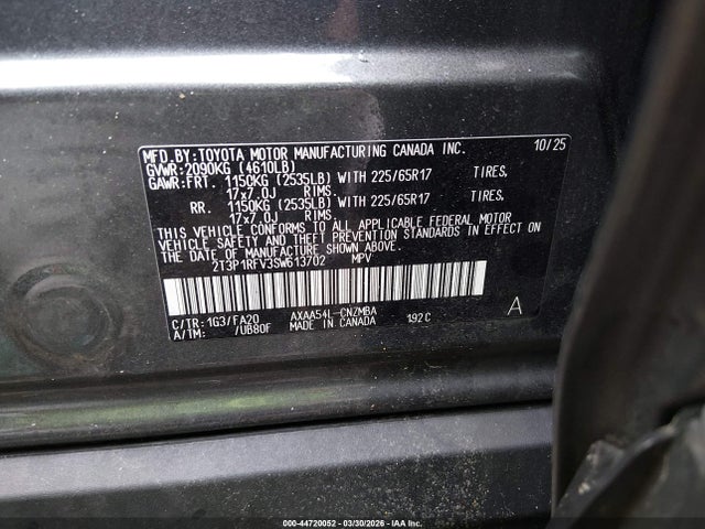44720052 :رقم المزاد ، 2T3P1RFV3SW613702 vin ، 2025 Toyota Rav4 Xle مزاد بيع