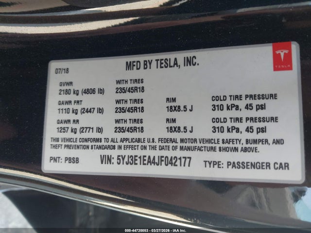 Продажа на аукционе авто 2018 Tesla Model 3, vin: 5YJ3E1EA4JF042177, номер лота: 44720053