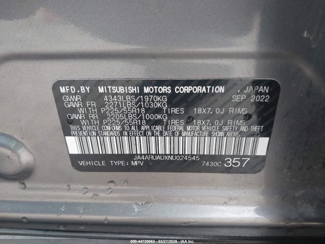 2022 Mitsubishi Outlander Sport 2.0 Be Awc/2.0 Es Awc/2.0 Le Awc/2.0 Se Awc/2.0 Se Special Edition Awc მანქანა იყიდება აუქციონზე, vin: JA4ARUAUXNU024545, აუქციონის ნომერი: 44720063