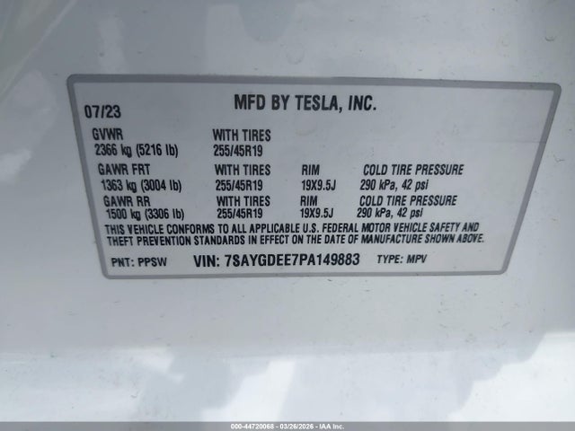 2023 Tesla Model Y Awd/long Range Dual Motor All-wheel Drive მანქანა იყიდება აუქციონზე, vin: 7SAYGDEE7PA149883, აუქციონის ნომერი: 44720068