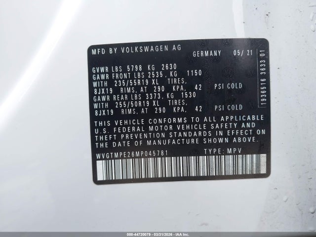 44720079 :رقم المزاد ، WVGTMPE26MP045781 vin ، 2021 Volkswagen Id.4 Pro S مزاد بيع