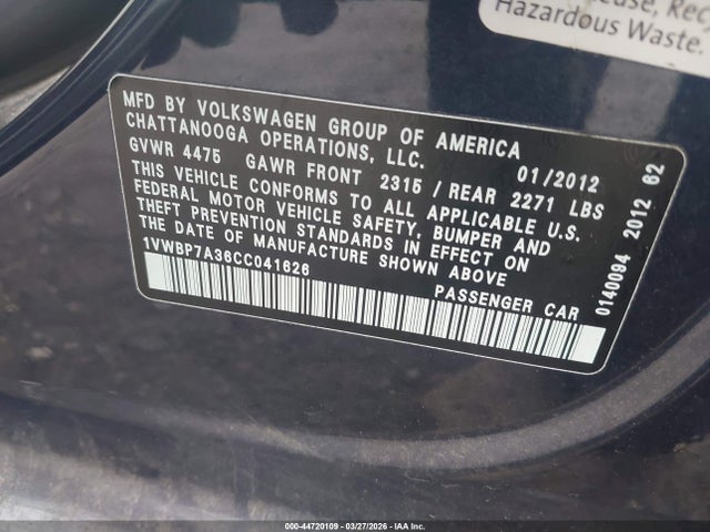 Aukcja sprzedaży 2012 Volkswagen Passat 2.5l Se, vin: 1VWBP7A36CC041626, numer aukcji: 44720109