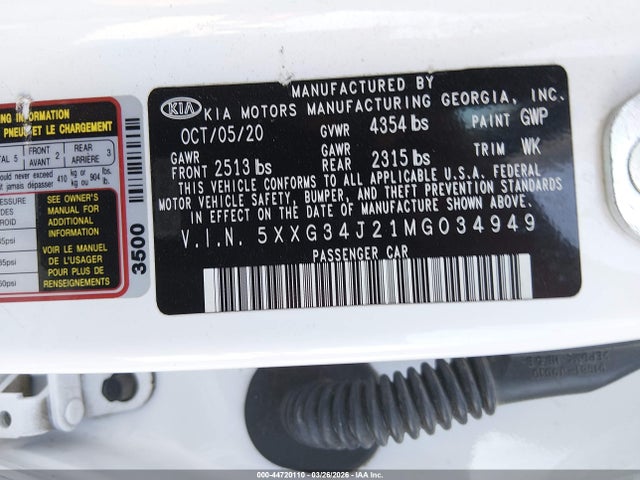Aukcja sprzedaży 2021 Kia K5 Ex, vin: 5XXG34J21MG034949, numer aukcji: 44720110