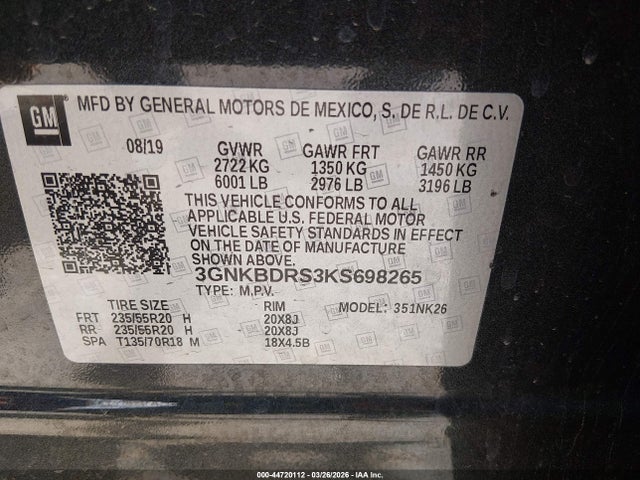 Aukcja sprzedaży 2019 Chevrolet Blazer, vin: 3GNKBDRS3KS698265, numer aukcji: 44720112