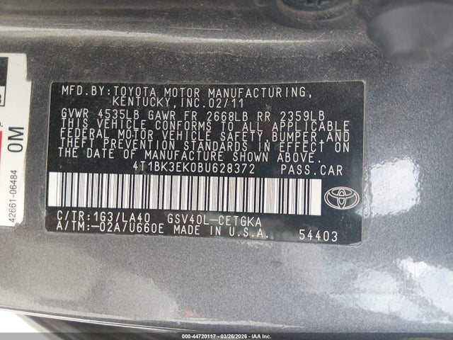 2011 Toyota Camry Xle V6 მანქანა იყიდება აუქციონზე, vin: 4T1BK3EK0BU628372, აუქციონის ნომერი: 44720117