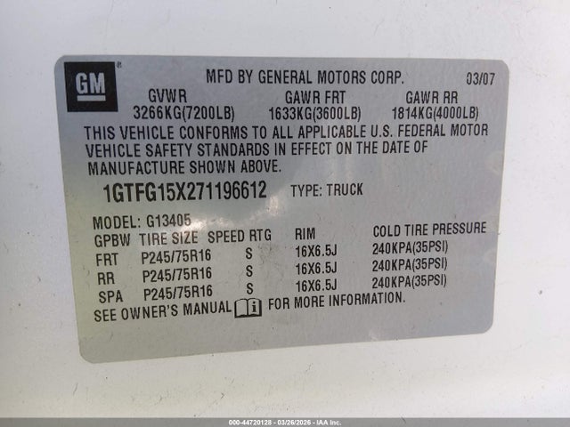 Aukcja sprzedaży 2007 Gmc Savana Work Van, vin: 1GTFG15X271196612, numer aukcji: 44720128