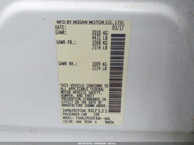 Aukcja sprzedaży 2017 Nissan Leaf Sv, vin: 1N4BZ0CP1HC307121, numer aukcji: 44720142