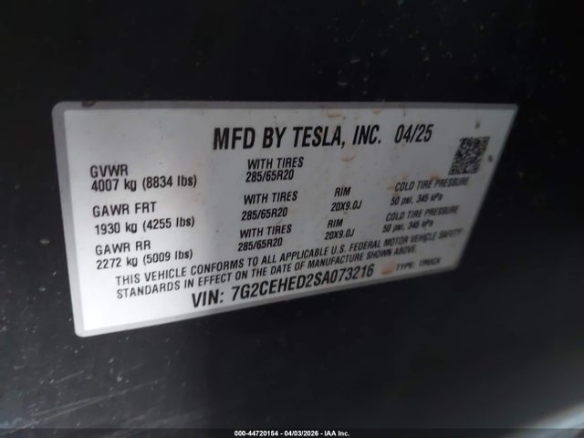 44720154 :رقم المزاد ، 7G2CEHED2SA073216 vin ، 2025 Tesla Cybertruck All-wheel Drive مزاد بيع