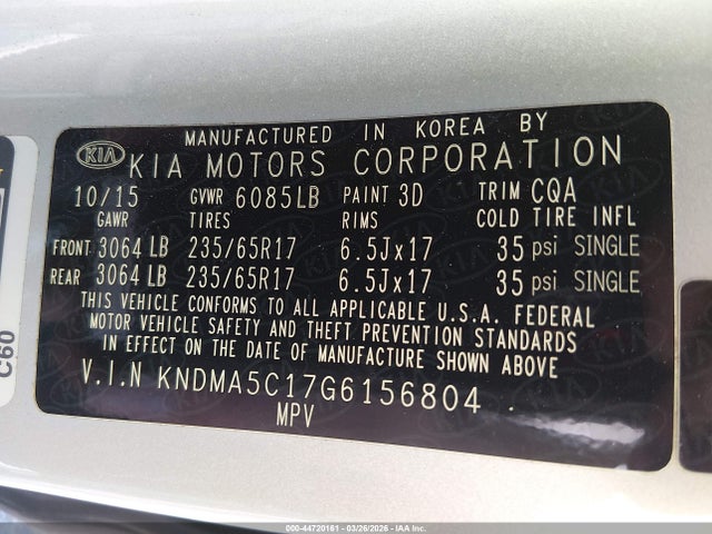 Продаж на аукціоні авто 2016 Kia Sedona L, vin: KNDMA5C17G6156804, номер лоту: 44720161
