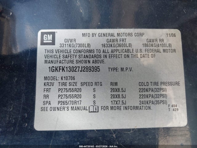 44720163 :رقم المزاد ، 1GKFK13027J289395 vin ، 2007 Gmc Yukon Slt مزاد بيع