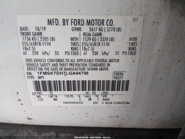 44720165 :رقم المزاد ، 1FMSK7DH7LGA94798 vin ، 2020 Ford Explorer Xlt مزاد بيع