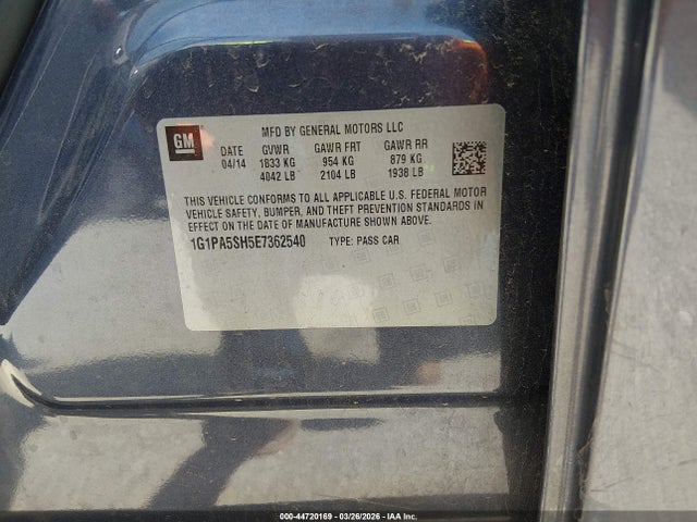 44720169 :رقم المزاد ، 1G1PA5SH5E7362540 vin ، 2014 Chevrolet Cruze Ls Auto مزاد بيع