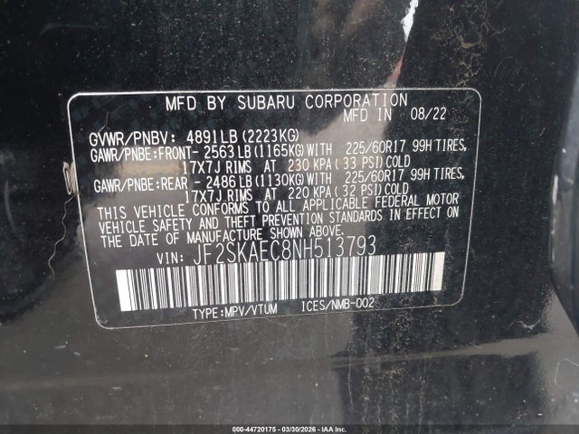 Aukcja sprzedaży 2022 Subaru Forester Premium, vin: JF2SKAEC8NH513793, numer aukcji: 44720175
