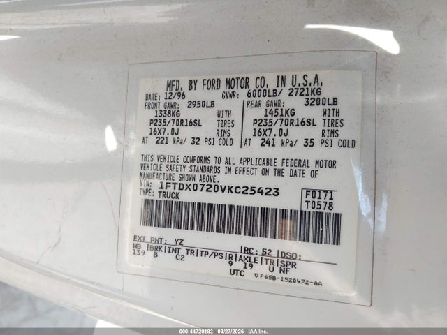 Aukcja sprzedaży 1997 Ford F-150 Xl/xlt, vin: 1FTDX0720VKC25423, numer aukcji: 44720183