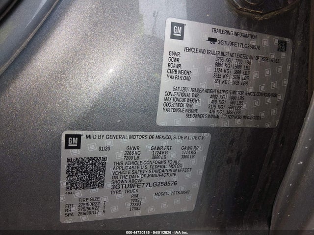44720185 :رقم المزاد ، 3GTU9FET7LG258576 vin ، 2020 Gmc Sierra 1500 مزاد بيع