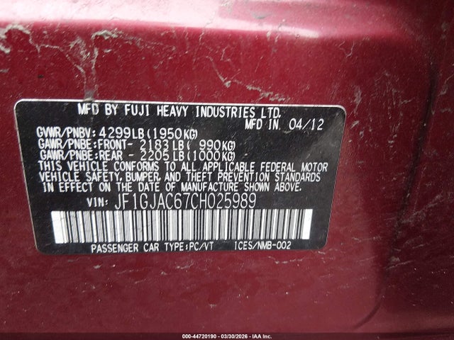 Продаж на аукціоні авто 2012 Subaru Impreza 2.0i Premium, vin: JF1GJAC67CH025989, номер лоту: 44720190