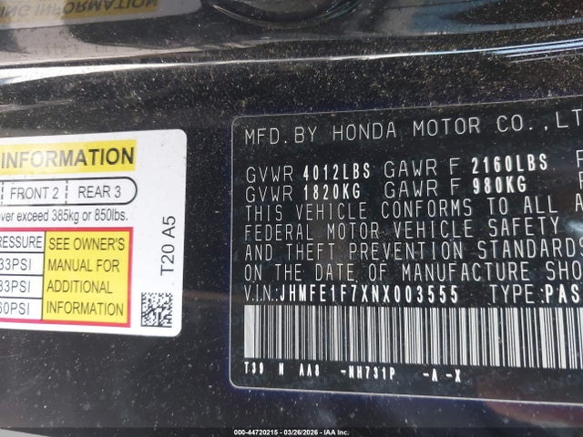 2022 Honda Civic Ex მანქანა იყიდება აუქციონზე, vin: JHMFE1F7XNX003555, აუქციონის ნომერი: 44720215