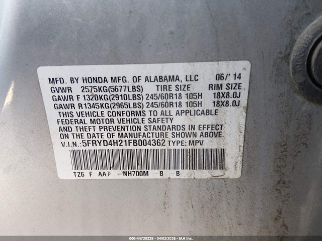 Продаж на аукціоні авто 2015 Acura Mdx, vin: 5FRYD4H21FB004362, номер лоту: 44720228