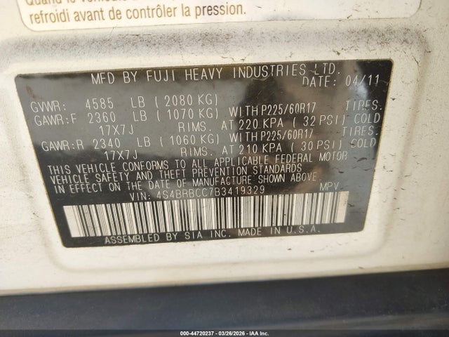 Продажа на аукционе авто 2011 Subaru Outback 2.5i Premium, vin: 4S4BRBCC7B3419329, номер лота: 44720237