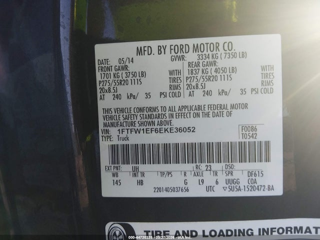 2014 Ford F-150 Lariat მანქანა იყიდება აუქციონზე, vin: 1FTFW1EF6EKE36052, აუქციონის ნომერი: 44720325