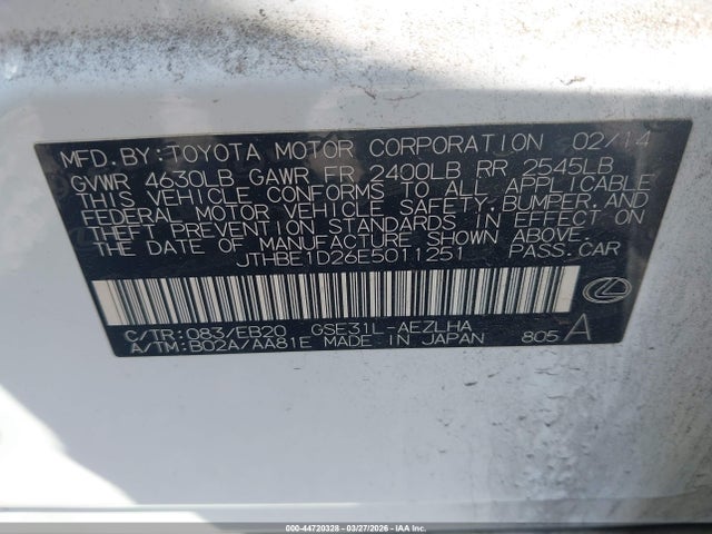 44720328 :رقم المزاد ، JTHBE1D26E5011251 vin ، 2014 Lexus Is 350 مزاد بيع