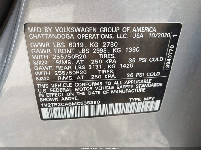 Aukcja sprzedaży 2021 Volkswagen Atlas 3.6l V6 Sel Premium, vin: 1V2TR2CA8MC535390, numer aukcji: 44720346