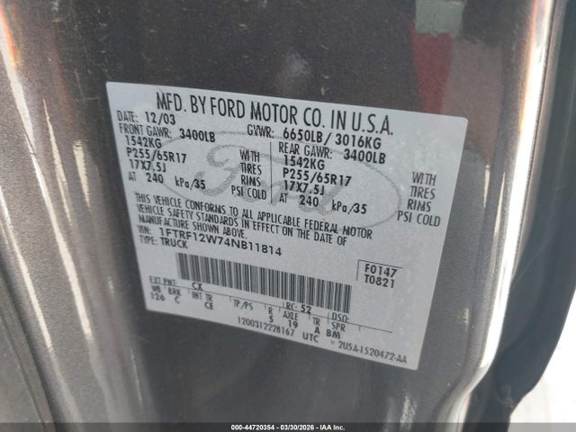 44720354 :رقم المزاد ، 1FTRF12W74NB11814 vin ، 2004 Ford F-150 Stx/xl/xlt مزاد بيع