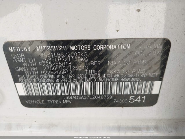 Aukcja sprzedaży 2020 Mitsubishi Outlander Le 2.4/se 2.4/sel 2.4/sp 2.4, vin: JA4AD3A37LZ046759, numer aukcji: 44720356
