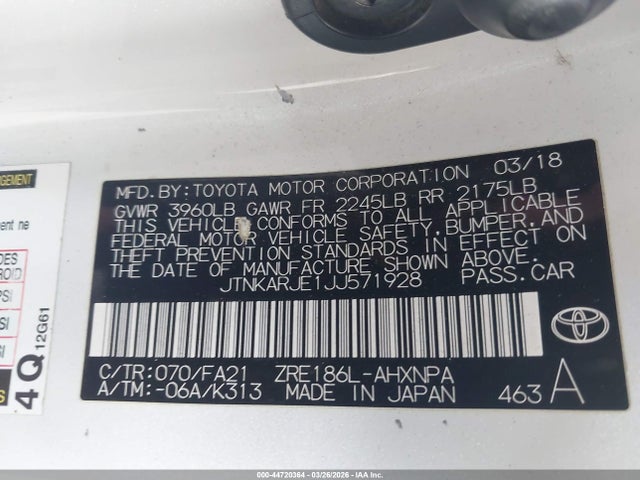 JTNKARJE1JJ571928 Toyota COROLLA IM
