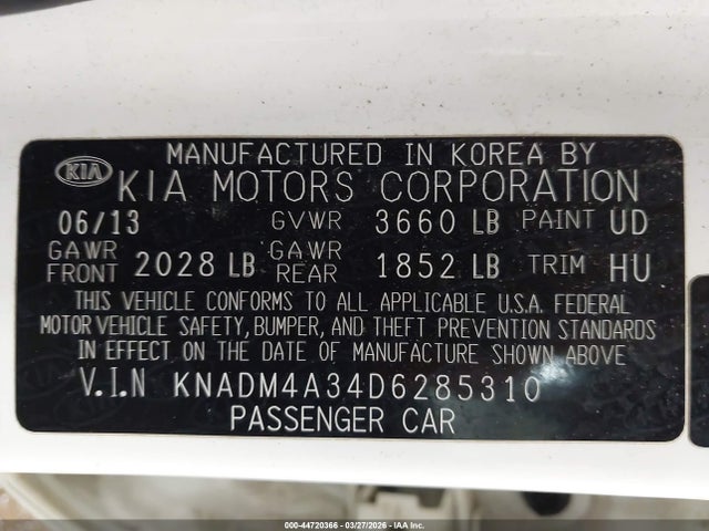 Aukcja sprzedaży 2013 Kia Rio Lx, vin: KNADM4A34D6285310, numer aukcji: 44720366
