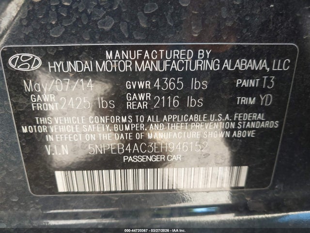 5NPEB4AC3EH946152 Hyundai SONATA GLS
