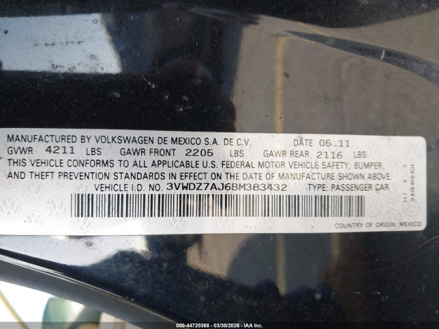 Aukcja sprzedaży 2011 Volkswagen Jetta 2.5l Se, vin: 3VWDZ7AJ6BM383432, numer aukcji: 44720368
