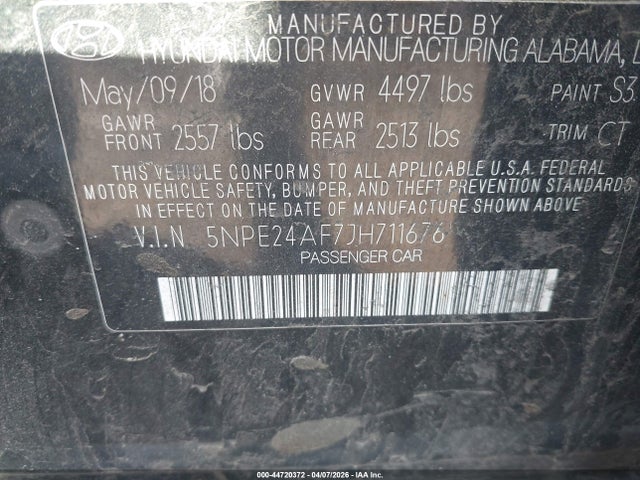 Aukcja sprzedaży 2018 Hyundai Sonata Se, vin: 5NPE24AF7JH711676, numer aukcji: 44720372