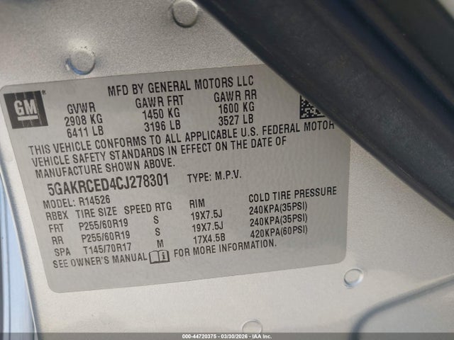 Aukcja sprzedaży 2012 Buick Enclave Leather, vin: 5GAKRCED4CJ278301, numer aukcji: 44720375