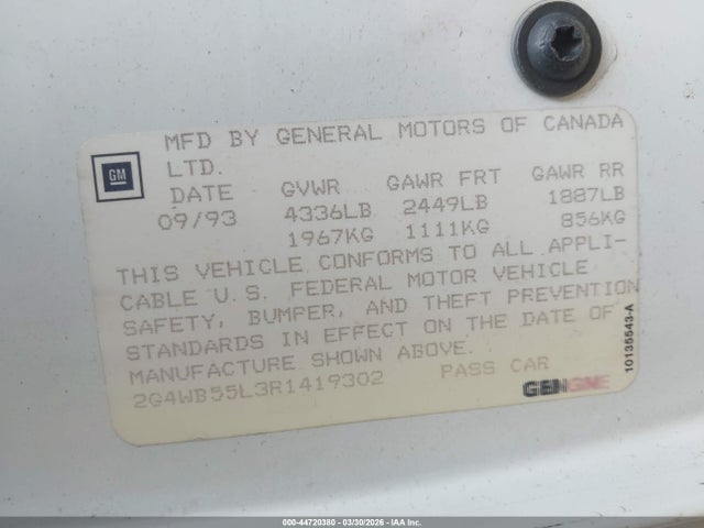 44720380 :رقم المزاد ، 2G4WB55L3R1419302 vin ، 1994 Buick Regal Custom مزاد بيع