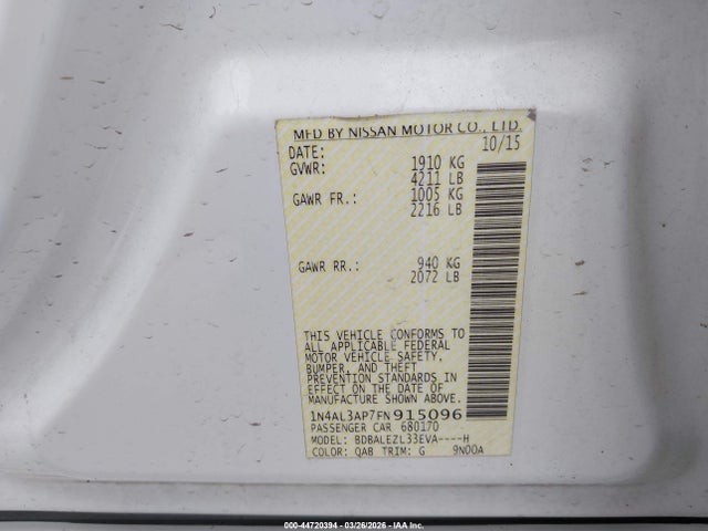 2015 Nissan Altima 2.5 S მანქანა იყიდება აუქციონზე, vin: 1N4AL3AP7FN915096, აუქციონის ნომერი: 44720394