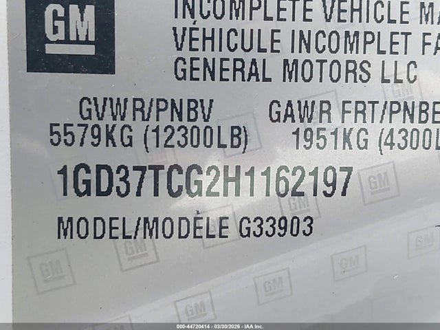 44720414 :رقم المزاد ، 1GD37TCG2H1162197 vin ، 2017 Gmc Savana Cutaway 3500 1wt مزاد بيع