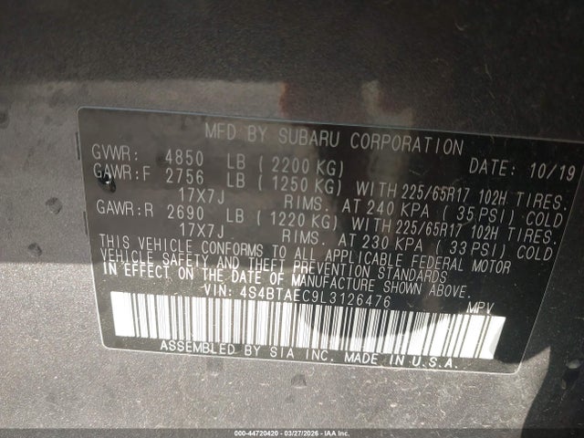 Aukcja sprzedaży 2020 Subaru Outback Premium, vin: 4S4BTAEC9L3126476, numer aukcji: 44720420