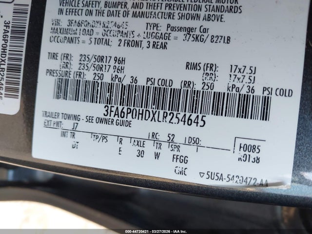 Aukcja sprzedaży 2020 Ford Fusion Se, vin: 3FA6P0HDXLR254645, numer aukcji: 44720421