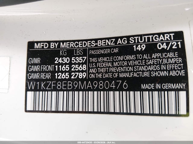 Aukcja sprzedaży 2021 Mercedes-benz E 350 4matic, vin: W1KZF8EB9MA980476, numer aukcji: 44720430