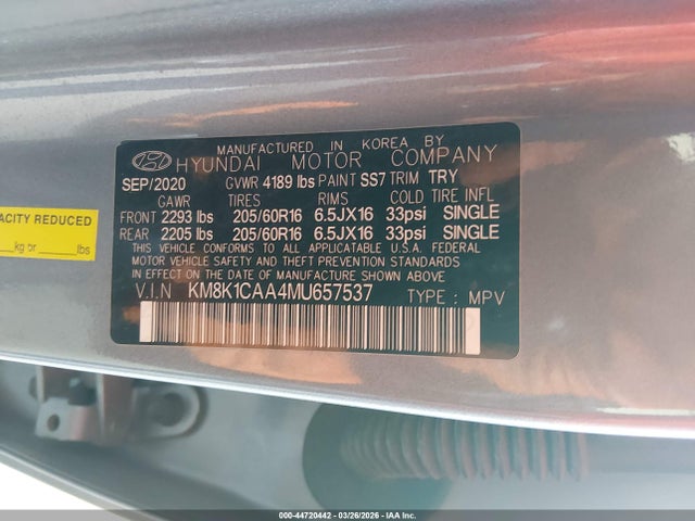 2021 Hyundai Kona Se მანქანა იყიდება აუქციონზე, vin: KM8K1CAA4MU657537, აუქციონის ნომერი: 44720442